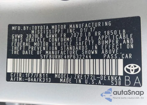 2017 Toyota Corolla Le from USA, damaged, VIN 5YFBURHE4HP632244